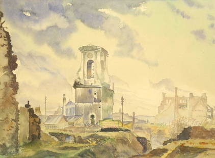 Watercolour Monogrammed OK (Olof Krumlinde) 11 1/8" x 15 1/8", "Lens Ruins", C.1917.: Watercolour Monogrammed OK (Olof Krumlinde) 11 1/8" x 15 1/8", "Lens Ruins", C.1917.