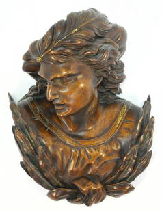 Carved Wood Portrait Plaque, "Figure with Feather in Hair", 11 1/2" High.: Carved Wood Portrait Plaque, "Figure with Feather in Hair", 11 1/2" High.