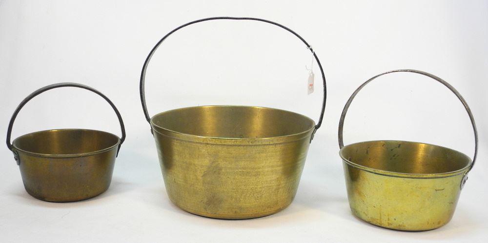 3 Brass Pots with Iron Handles, Largest 12 1/2" Diameter. (1 of 1)