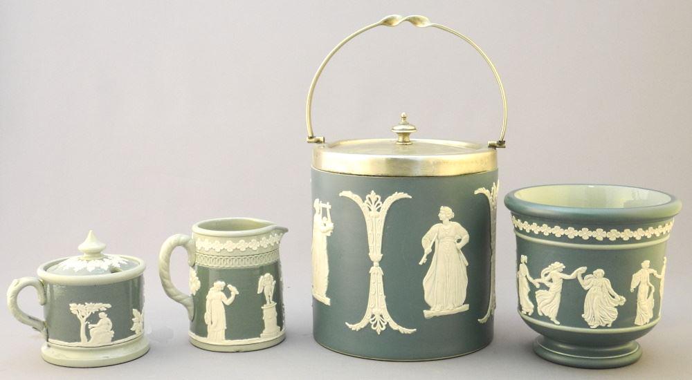 4 Dudson Jasperware Green & White Items: Biscuit Jar, Jardiniere & Cream & Sugar, 6 1/4". (1 of 3)