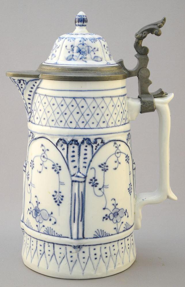 German Porcelain & Pewter Pitcher, 10" High. (1 of 4)