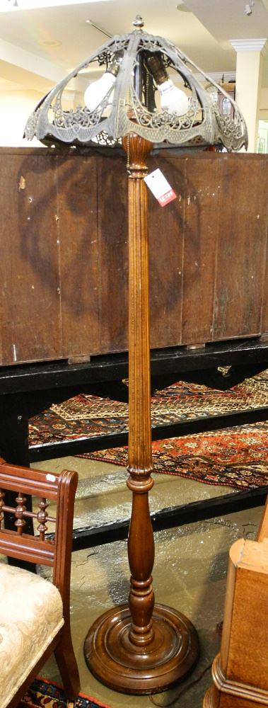 Walnut Floor Lamp with Vintage Cast Metal Shade (No Glass), 61 1/2"H. (1 of 3)