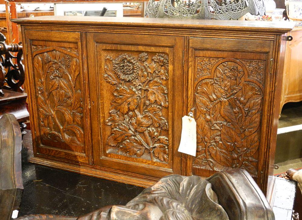 19th Century Carved Oak Triple Wide Wall Cabinet, 36 3/4" Wide. (1 of 4)
