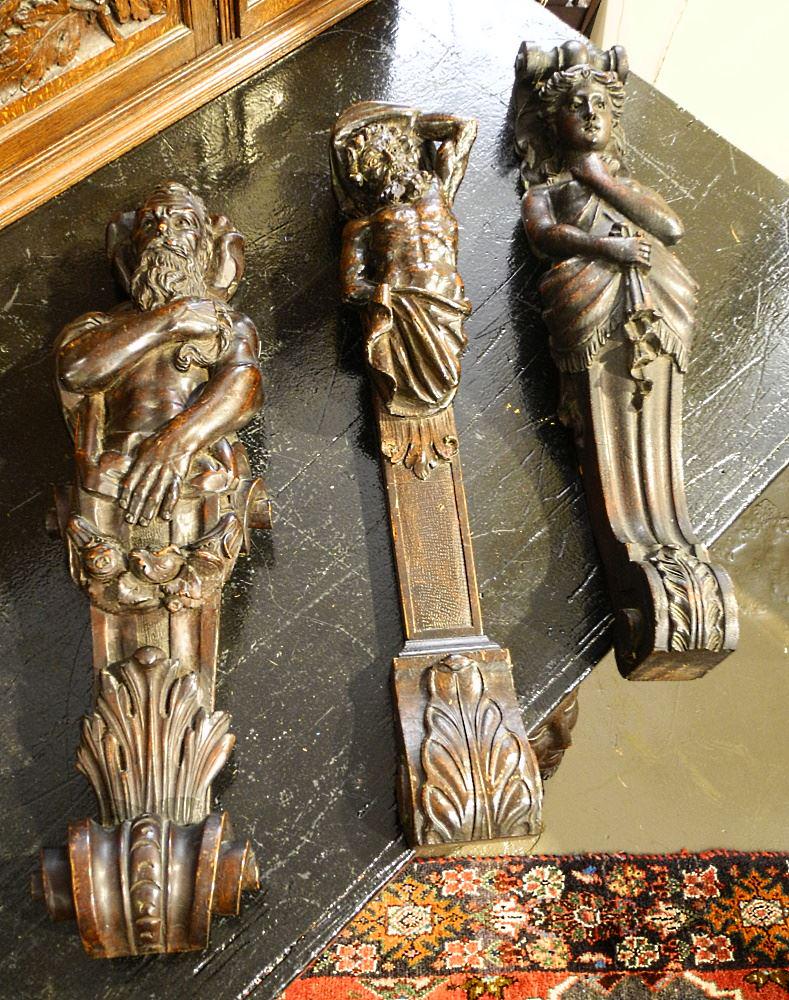 3 Carved Oak Figural Pilasters, 25" High. (1 of 2)