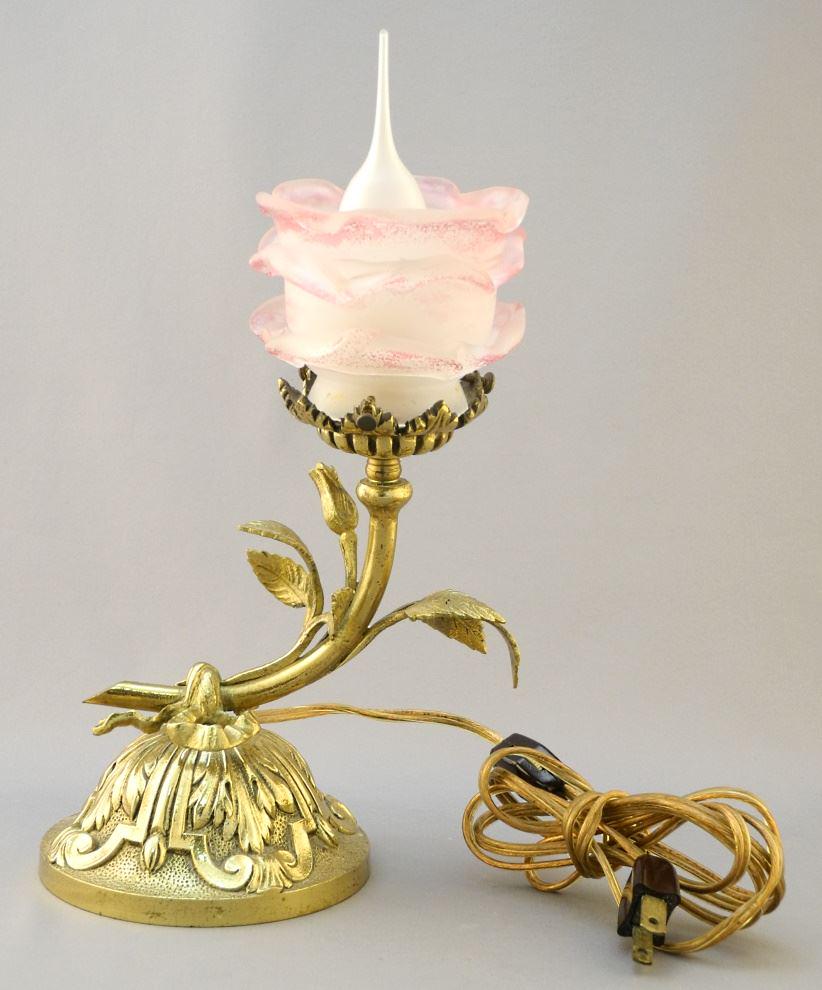 Louis XV-Style Brass Lamp with Glass Rosette Shade, 9 1/2" High. (1 of 2)