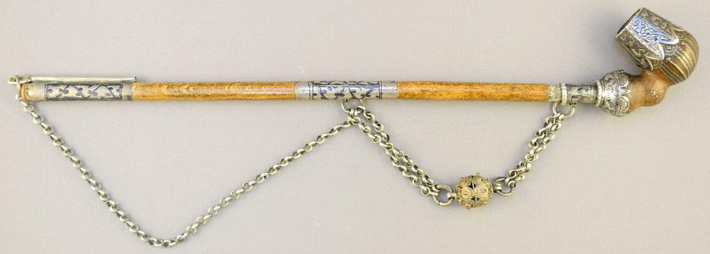 Russian Silver & Niello Inlaid Pipe with Pique Work Bowl, 11" length. (1 of 2)
