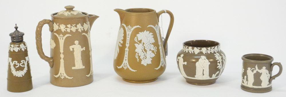 5 Dudson Jasperware Brown & White Pieces: 2 Pitchers/ Pepper Pot/ Cup & a Bowl, 6 1/2"H. (1 of 2)