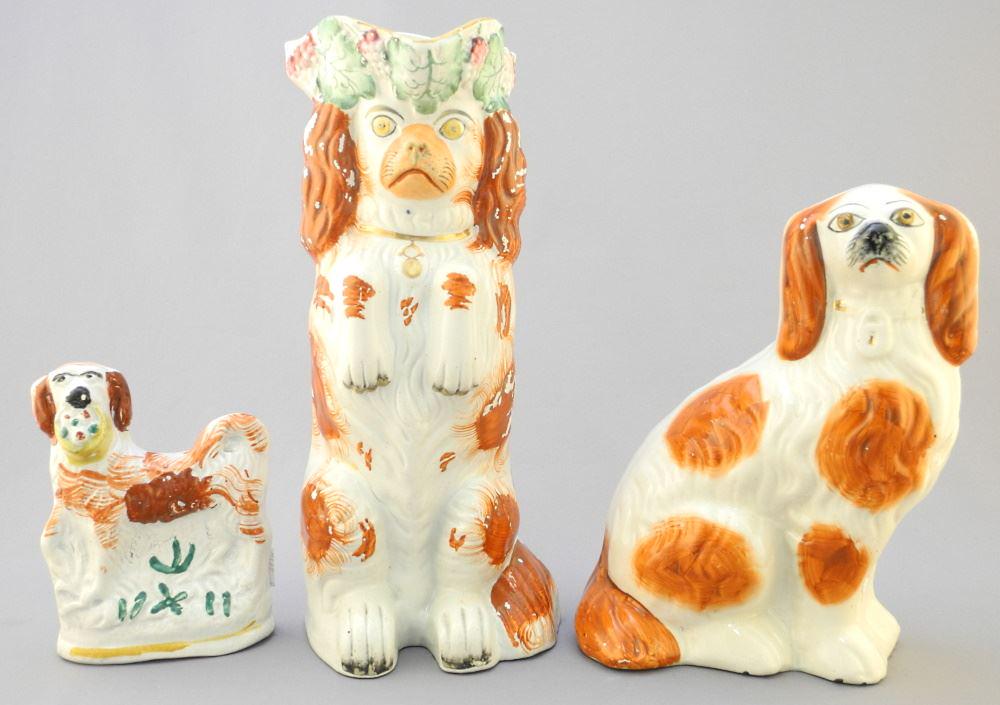 18th Century Spaniel Toby Jug & 2 19th Century Spaniels, 10"/ 8"/ 4 1/4" High. (1 of 3)