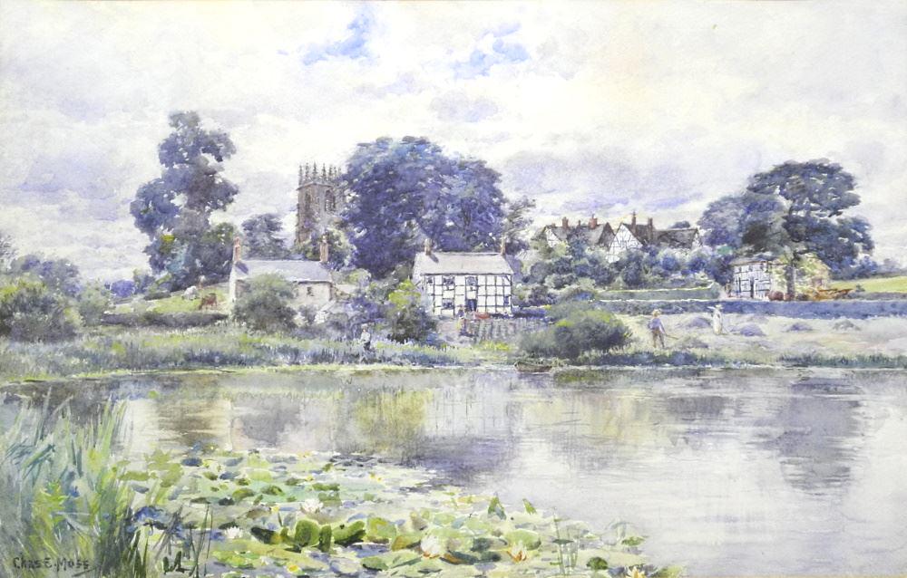 Watercolour Signed Chas. E. Moss, 13 3/4" x 21 3/4", "Riverside Idyll" (1 of 3)
