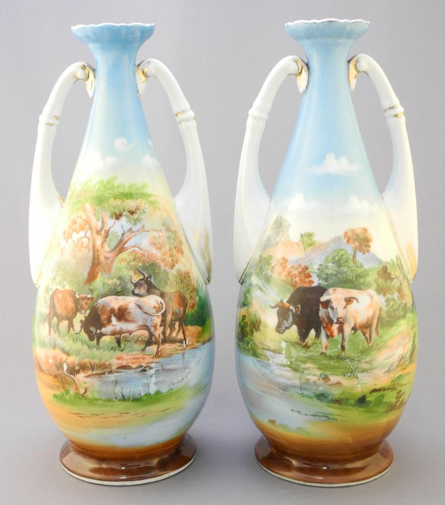 Pair of Handled Porcelain Vases with Scenes of Cattle, 13 3/4" High. (1 of 3)