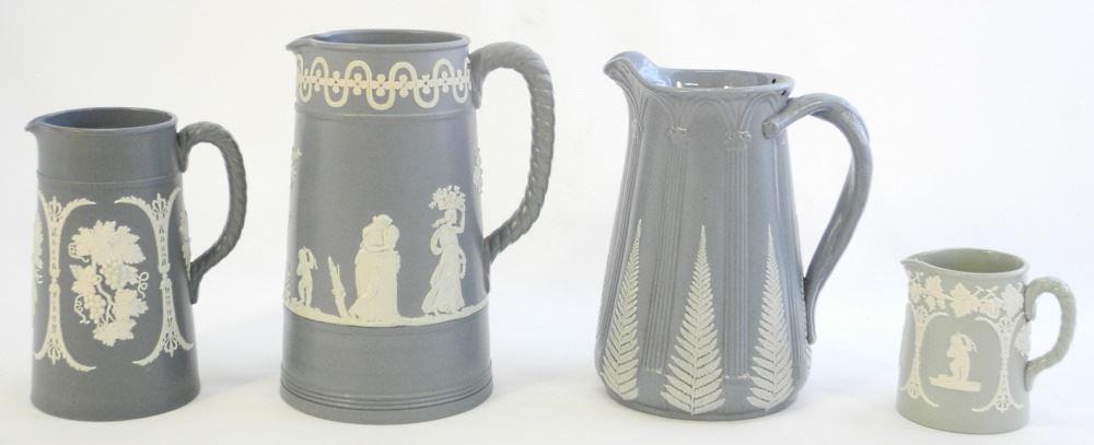 4 Dudson Jasperware Pitchers: 3 Blue & White & 1 Green & White, 7 3/4"H. (1 of 1)