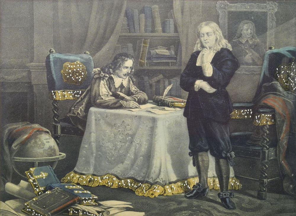 Engraving in Birds Eye Maple Frame, 21 1/2" x 15 3/4", "Milton Dictating to His Secretary". (1 of 3)