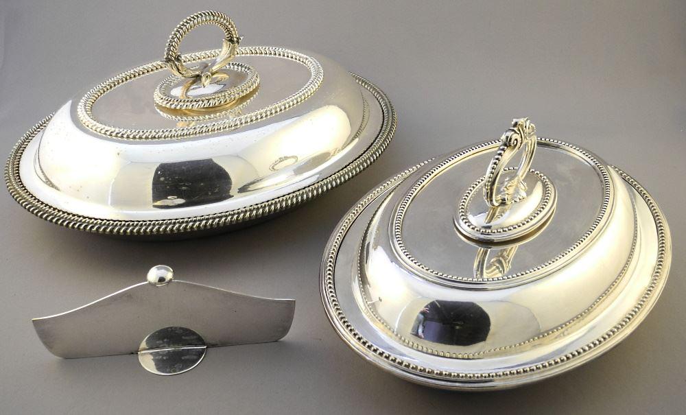 2 Silver Plated Entree Dishes: 1 Walker & Hall & 1 Victorian, 11" & 12 3/8" Length. (1 of 4)