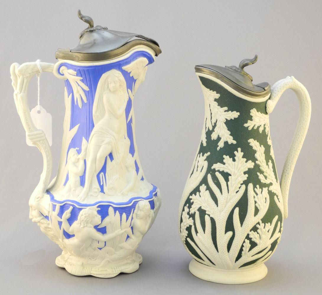 4 Porcelain Pitcher: 2 with Pewter Lids, Largest 10 1/4" High. (1 of 4)
