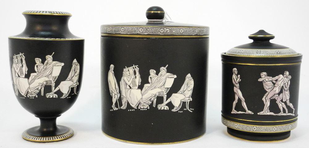 3 Pieces of Prattware "Old Greek" Pattern Items: 2 Lidded Containers & 1 Urn, 6 1/2" High. (1 of 3)