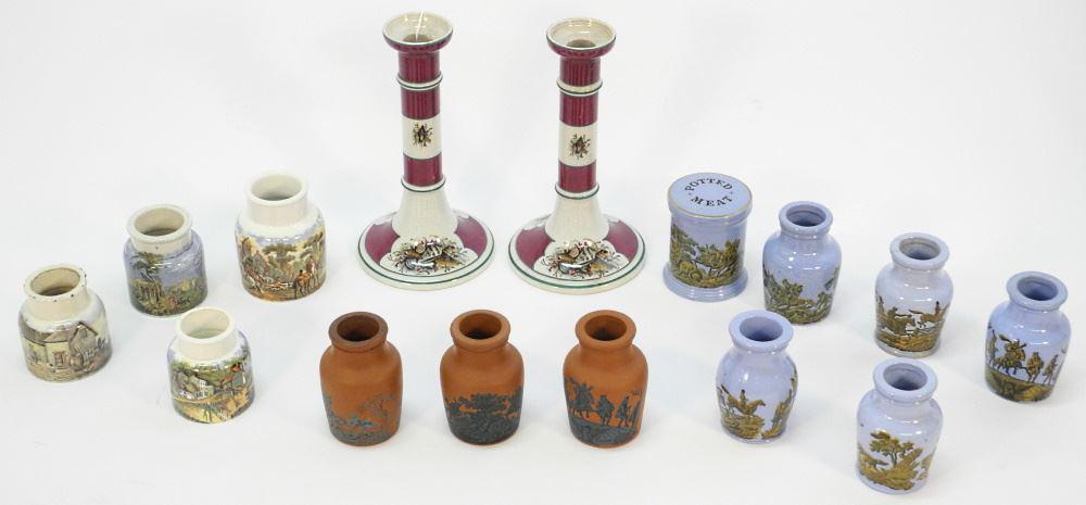 Collection of 11 Prattware Jars with 2 Candlesticks, Condition Noted. (1 of 3)