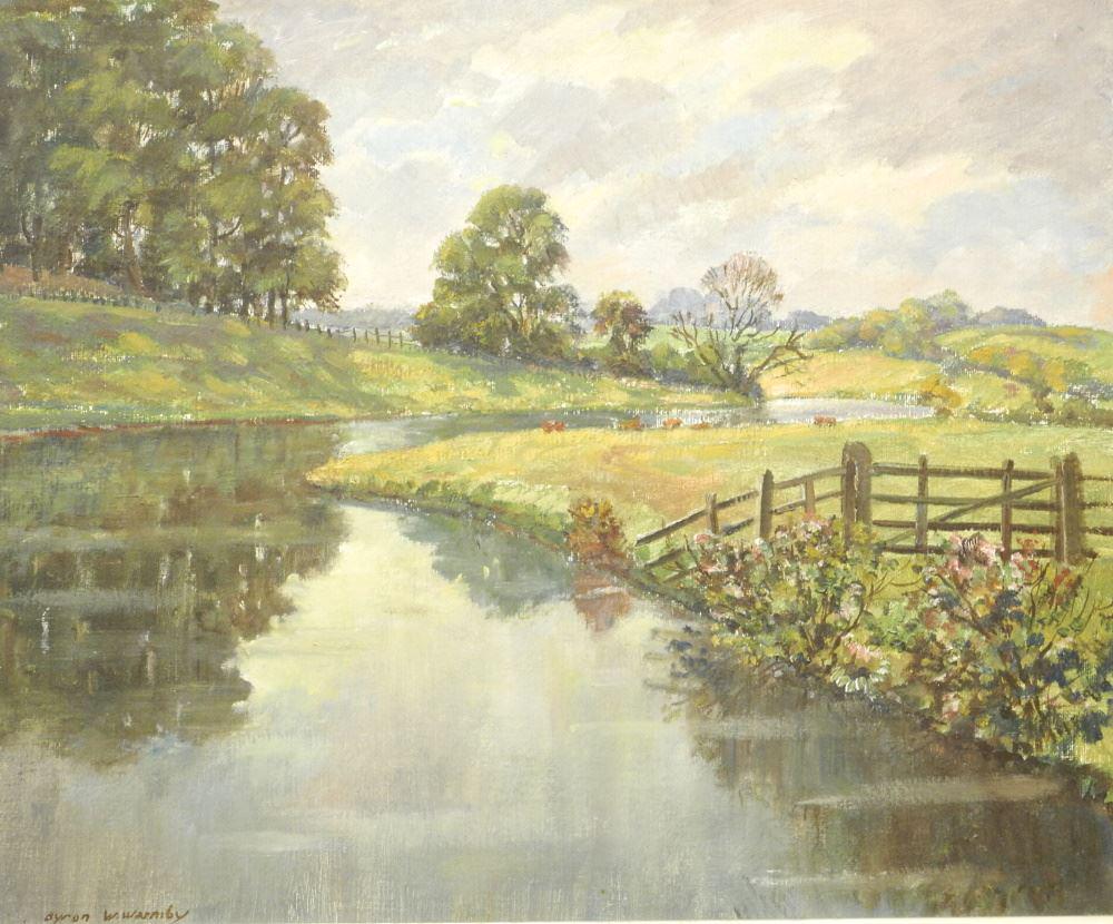 Oil on Board Signed Byron W. Warmby, 19 1/4" x 23 1/4", "Reflection- Cuckney- NR Welbeck".: Oil on Board Signed Byron W. Warmby, 19 1/4" x 23 1/4", "Reflection- Cuckney- NR Welbeck".