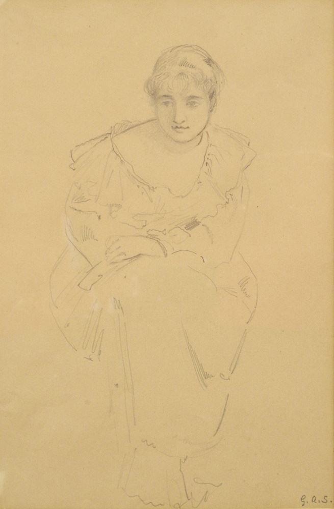 Drawing Monogrammed G.A.S. (George Adolphus Storey), 12" x 7 7/8", "Study of Seated Girl". (1 of 4)