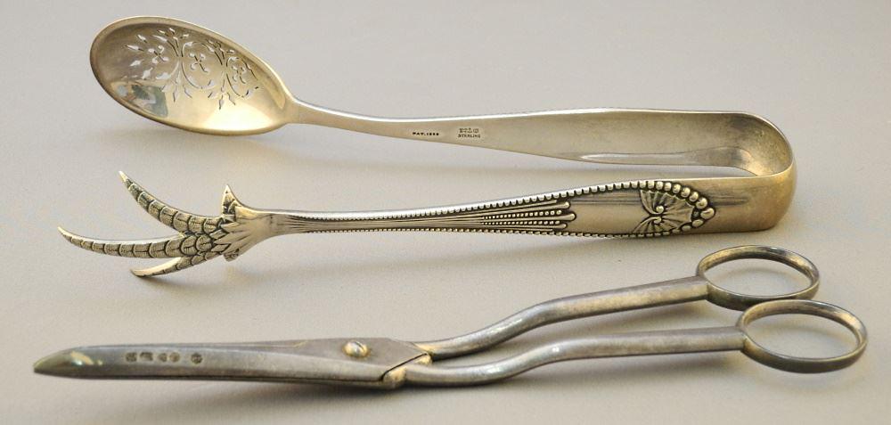 Pair of Gorham Sterling Silver Claw Terminal Straining Tongs with Plated Grape Shears, 7 1/2", 87 G (1 of 2)