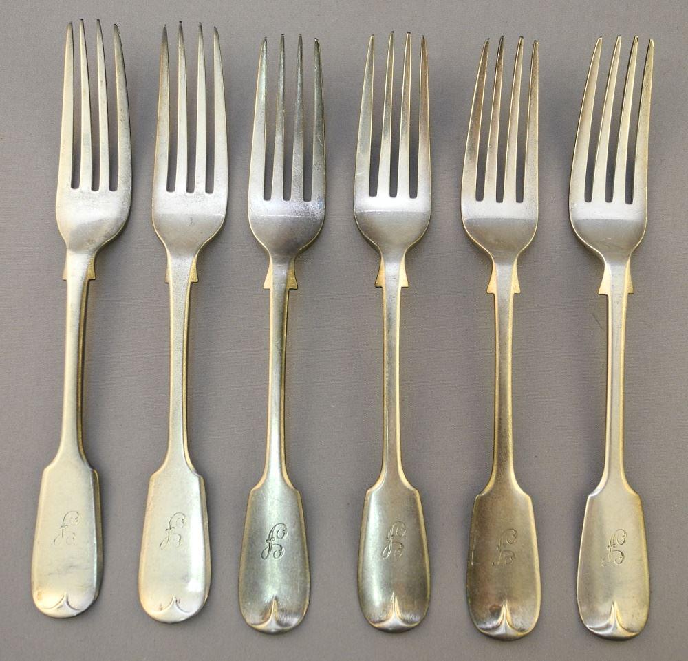 6 Victorian Hallmarked Sterling Forks, Monogrammed F, 7" Length, 240 Grams. (1 of 4)