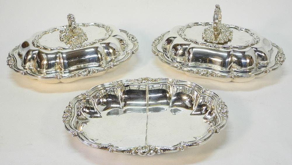 Pair of Silver Plated Covered Entree Dishes & Another Dish with Divider. (1 of 4)