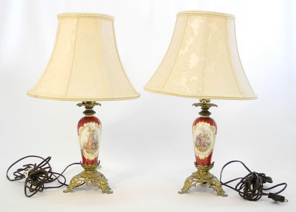 Pair of Louis XV-Style Ormolu & Porcelain Lamps, TH:18 3/4". (1 of 3)