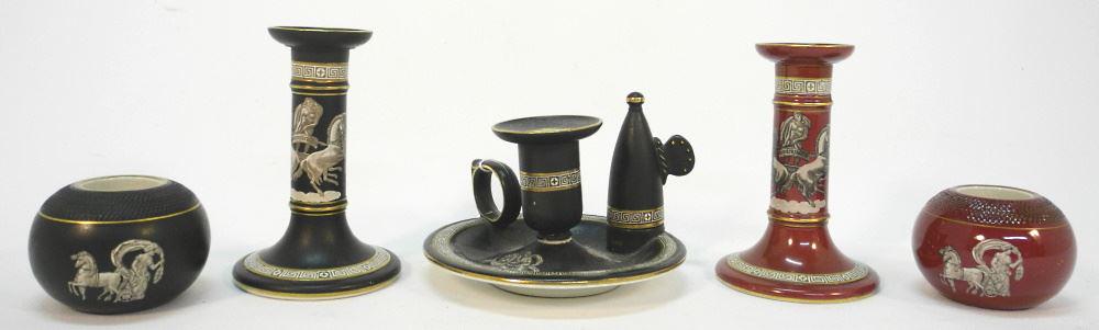 3 Prattware "Old Greek" Pattern Candlesticks & 2 Match Holders, 5 1/4" High. (1 of 2)