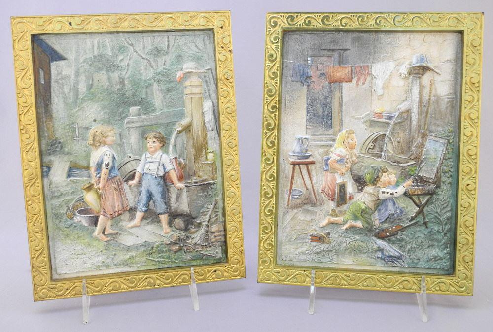 Pair of Brass Framed Cast Iron Bradley & Hubbard Plaques, #2194 & 2195, Both 9 1/2" x 7 1/4" (1 of 4)