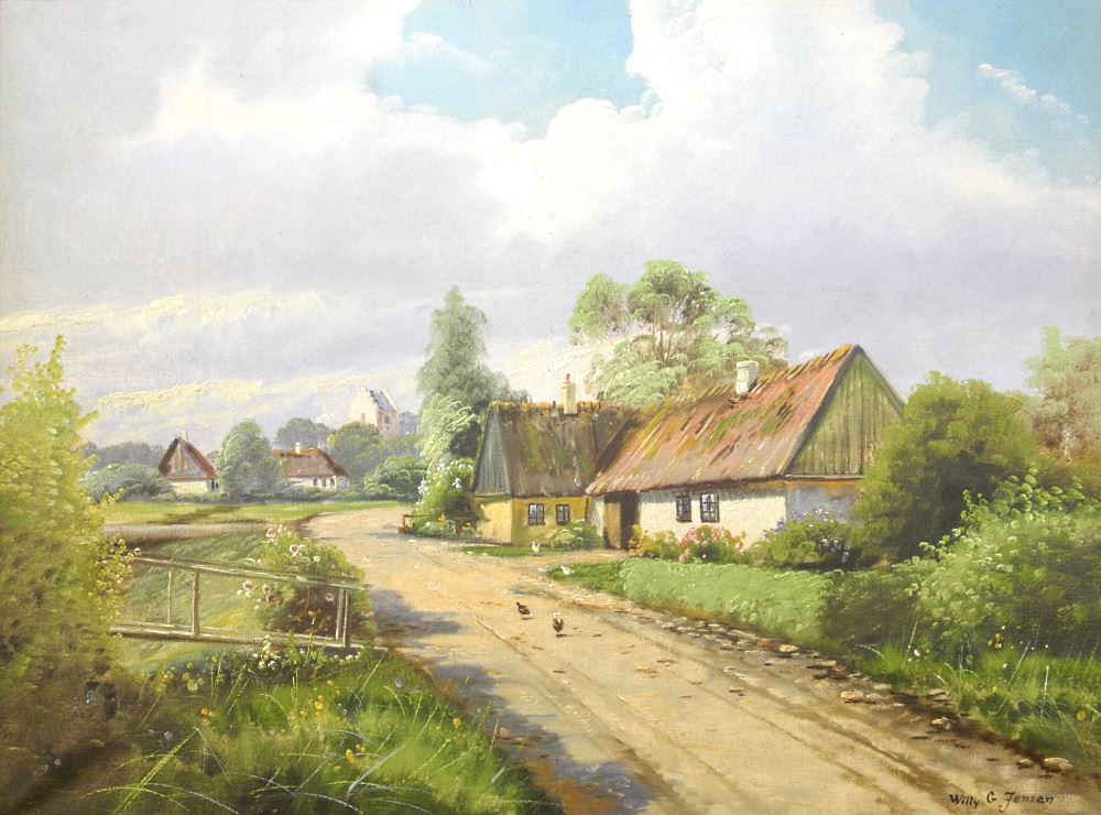 Oil on Canvas Signed Willy G Jensen, 25" x 34 1/8", "Country Roadway with Chicken".: Oil on Canvas Signed Willy G Jensen, 25" x 34 1/8", "Country Roadway with Chicken".