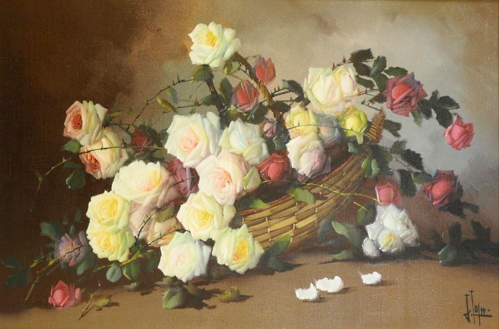 Oil on Canvas Signed J. John, 23" x 25", "Rose Basket". (1 of 4)