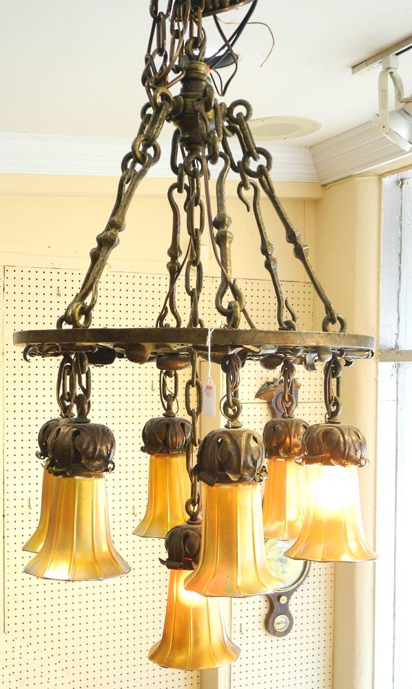 Bronze Finish Ceiling Fixture with 7 Quezal Shades, 5"H, 19"D, Signed. (1 of 14)