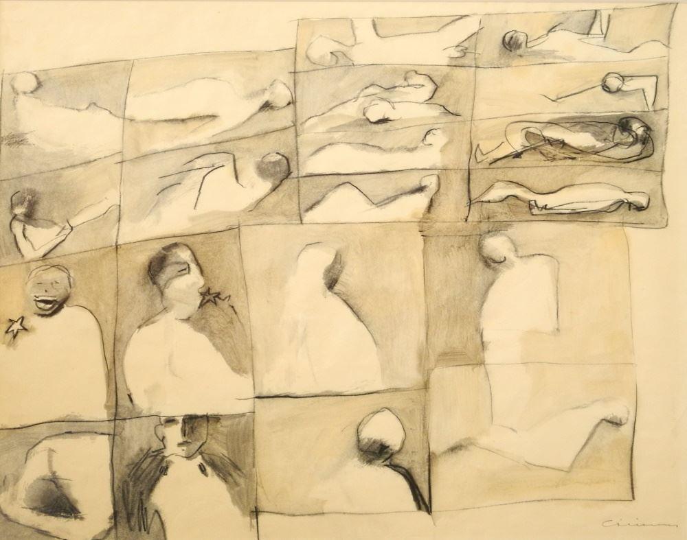 Mixed Media Signed (Richard) Ciccimarra, 16" x 20 1/2", Untitled- Figures. (1 of 8)