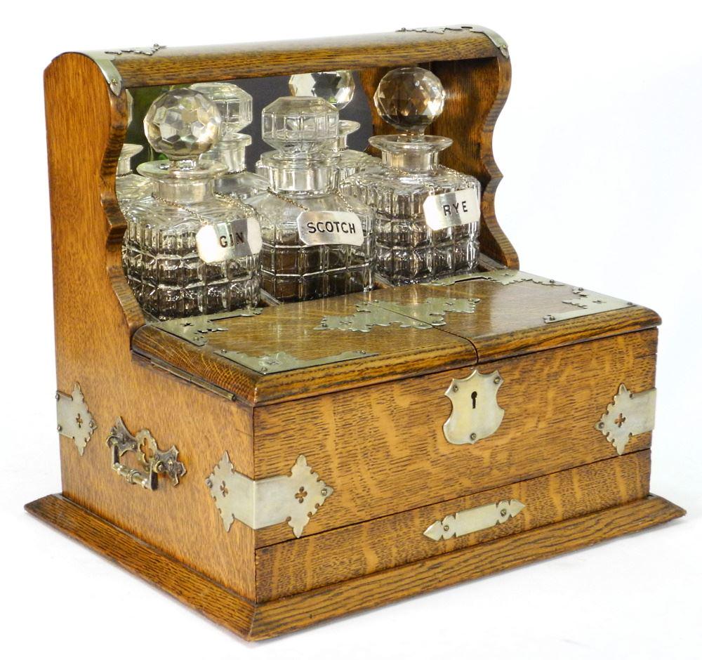 Oak 3 Bottle Tantalus, stopper noted 13 1/2" x 15" x 11 3/4". (1 of 7)