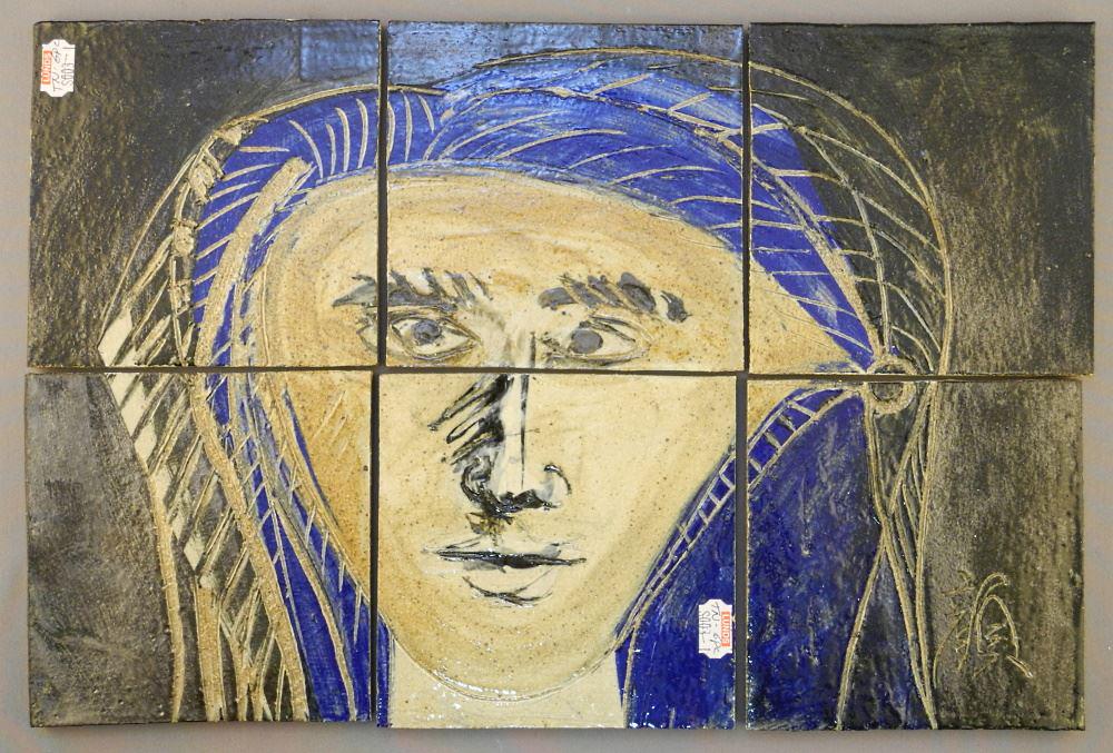 Set of Stoneware Figurative Tiles, 1 Signed Wayne Ngan, Each Tile 1/4" x 5 1/8" x 5 1/8". (1 of 6)