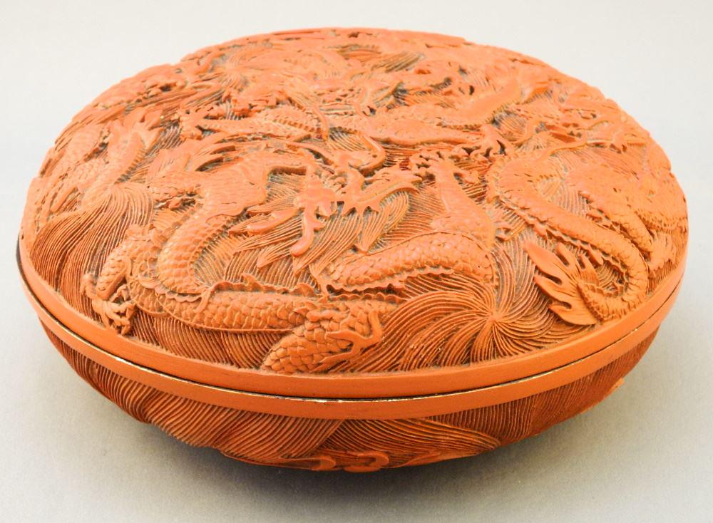 Cinnabar Lacquer Round Box Carved with Dragons, 6 3/4" Diameter. (1 of 2)