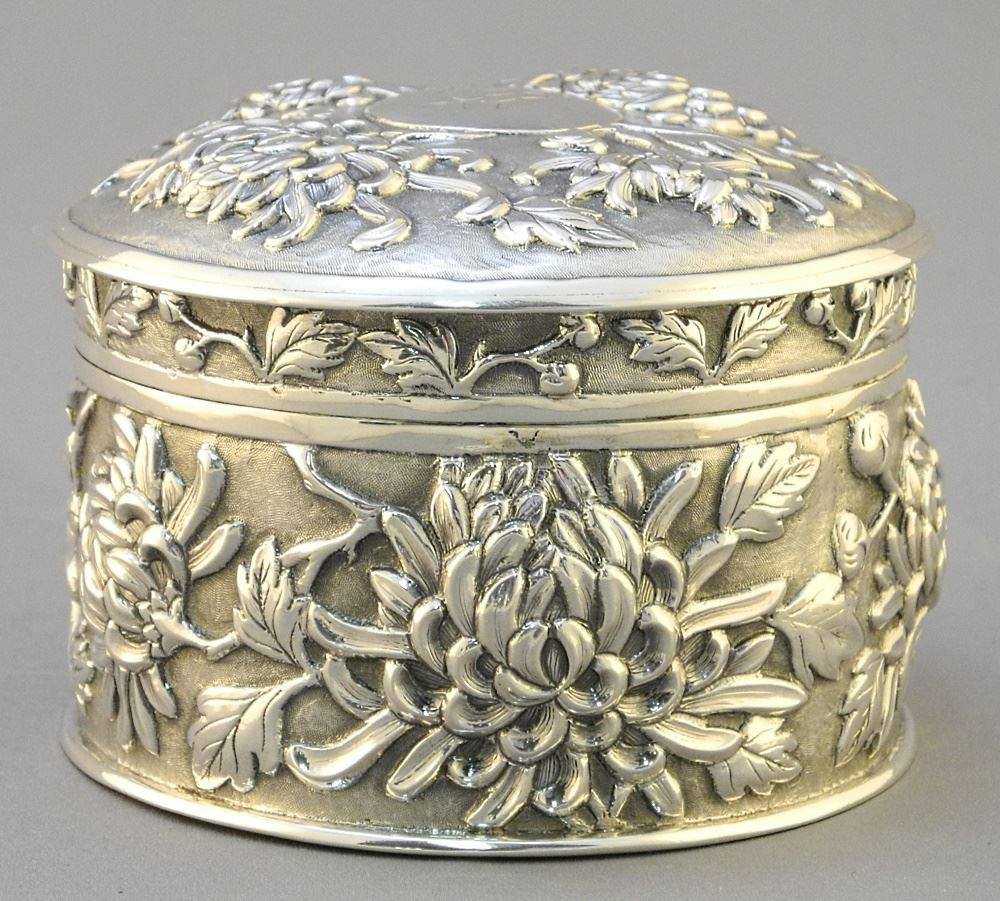 Chinese Silver Round Covered Box Signed Wing Fat- Hong Kong, 4". (1 of 10)