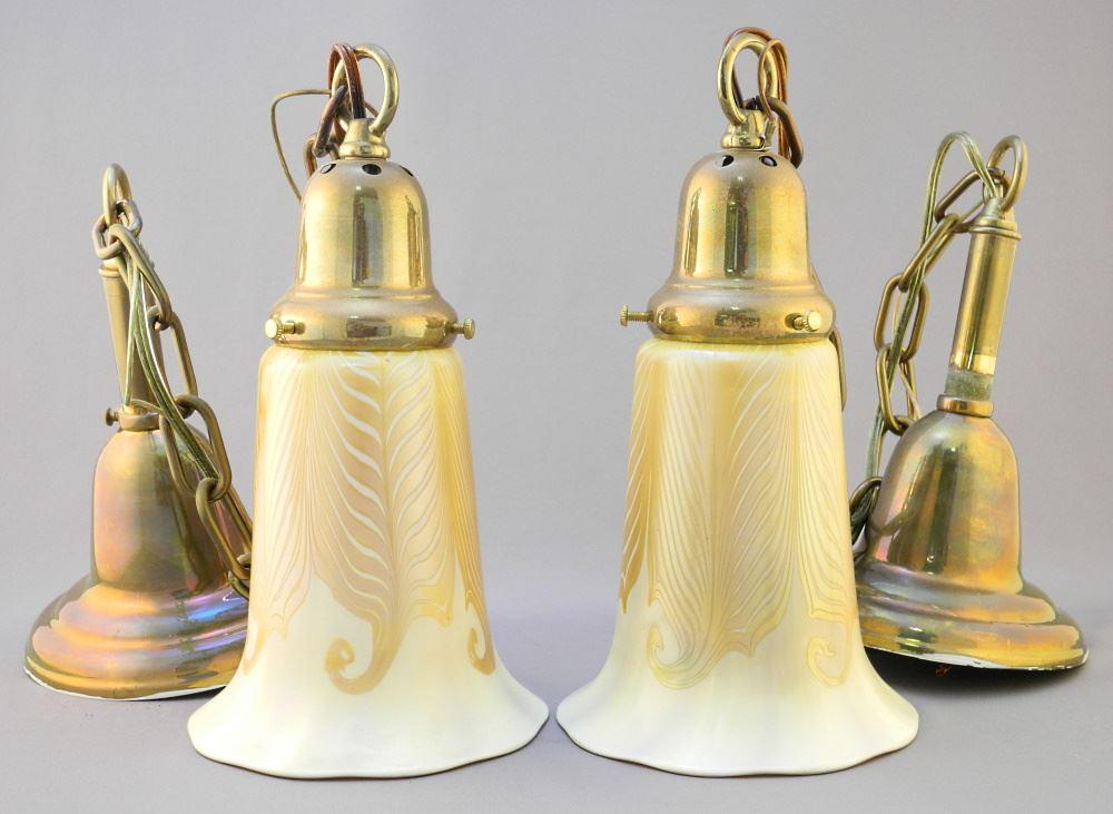 Pair of Brass Pendant Ceiling Fixtures with Signed Quezal Shades, 6" high. (1 of 10)