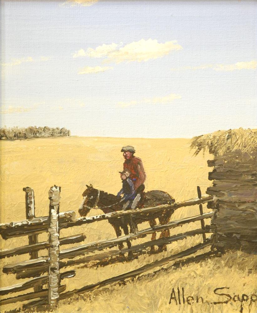 Acrylic on Canvas Signed Allen Sapp, 11 1/4" x 9 1/8", "A Ride with His Son", Studio #AJ-555, 1977: Acrylic on Canvas Signed Allen Sapp, 11 1/4" x 9 1/8", "A Ride with His Son", Studio #AJ-555, 1977