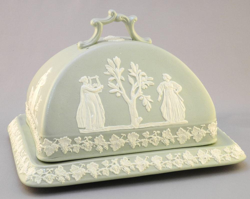 Dudson Jasperware Light Green & White Rectangular Shape Covered Dish, 6 1/2" High. (1 of 7)