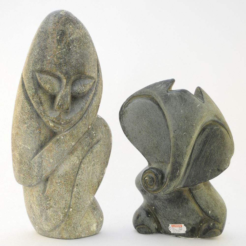 2 Soapstone Carvings, Elephant & Figure, 7 3/4" & 10 1/2" High. (1 of 1)