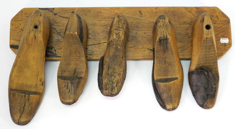 Collection of Wall Mounted Shoe Lasts, 22" Wide.: Collection of Wall Mounted Shoe Lasts, 22" Wide.