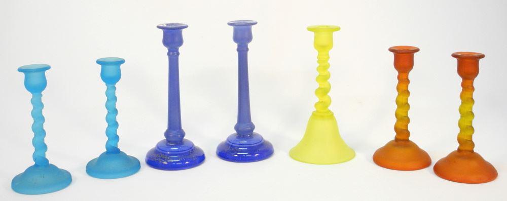 7 Frosted Glass Candlesticks: 3 Pairs/ 1 Single. Tallest 10 1/4"H. (1 of 1)