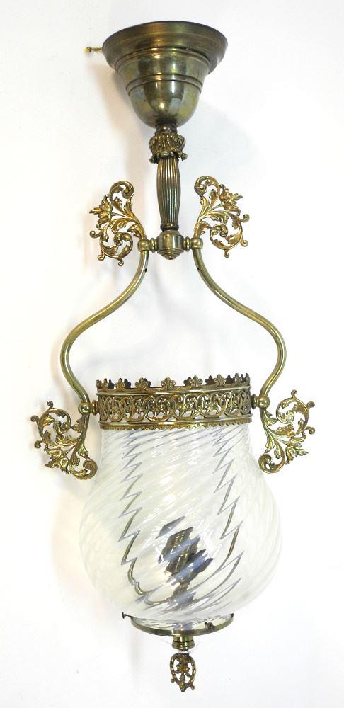 Victorian Opalescent Glass & Brass Pendant Ceiling Fixture. (1 of 2)