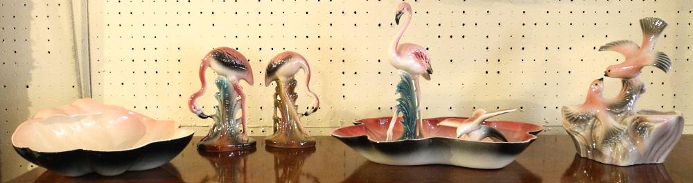 7 Pieces of Los Angles Pottery & Other Flamingoes & Dish, 2"- 10"H.: 7 Pieces of Los Angles Pottery & Other Flamingoes & Dish, 2"- 10"H.