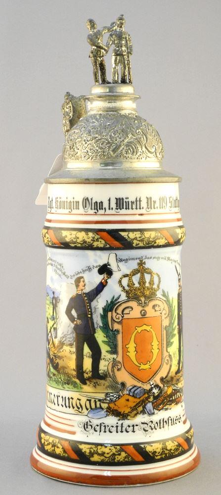 German Porcelain Beer Stein: Stuttgart 6th Company, 11" High. (1 of 2)