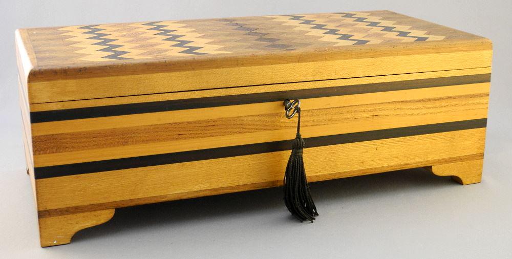 Parquet Specimen Timber Hinged Box with Felt Lining, 5" x 14" x 7". (1 of 4)