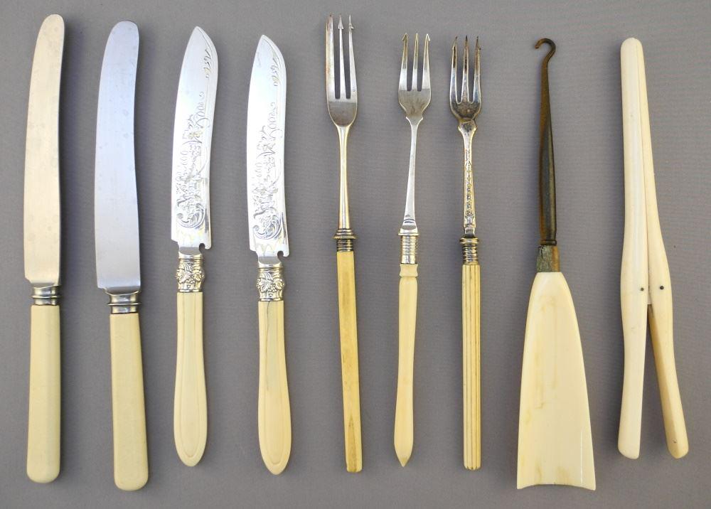 Collection of Carved Bone (Sterling Ferrules) Pickle Fork, Button Hook, Glove Stretcher & Knives.: Collection of Carved Bone (Sterling Ferrules) Pickle Fork, Button Hook, Glove Stretcher & Knives.