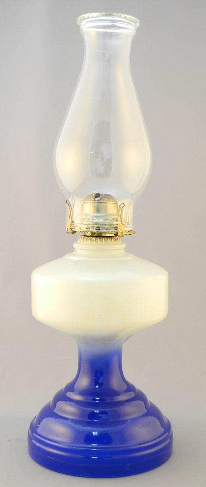 Oil Lamp with Painted Glass Base, 18 1/2" High.: Oil Lamp with Painted Glass Base, 18 1/2" High.