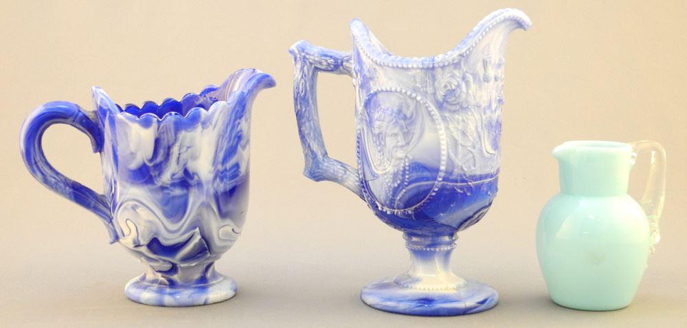 3 Glass Pitchers (2 Slag Glass), 5 3/4" High.: 3 Glass Pitchers (2 Slag Glass), 5 3/4" High.