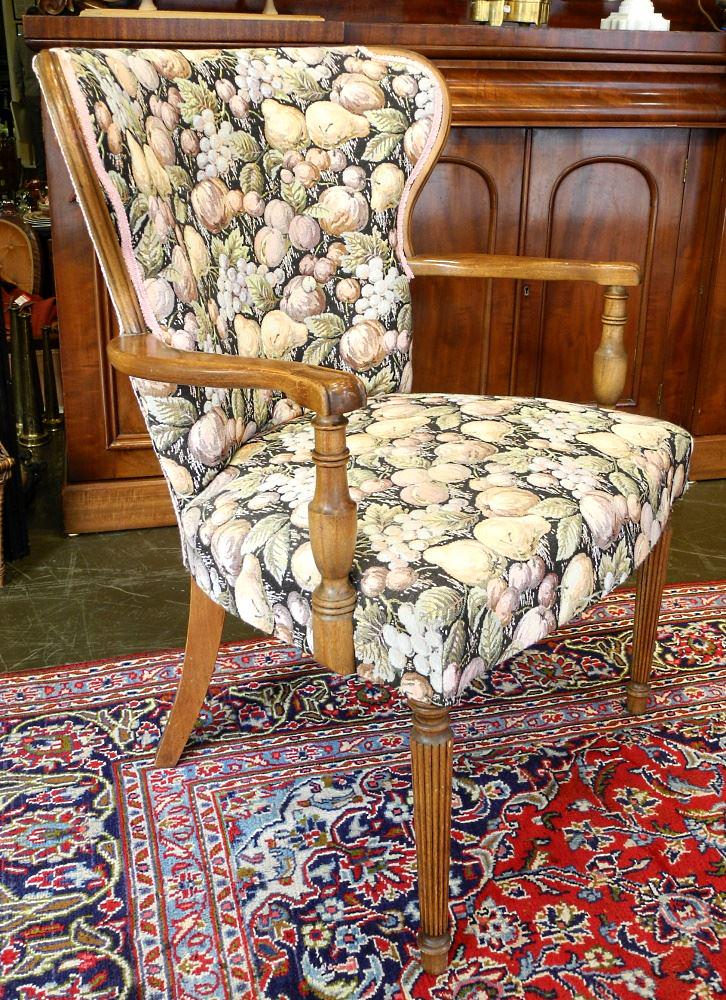 Walnut Open Armchair with Fruit Upholstery, 34 1/2" High.: Walnut Open Armchair with Fruit Upholstery, 34 1/2" High.